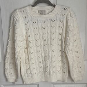 LOFT puff sleeve cream knit sweater sz Medium Petite balloon sleeve cotton blend